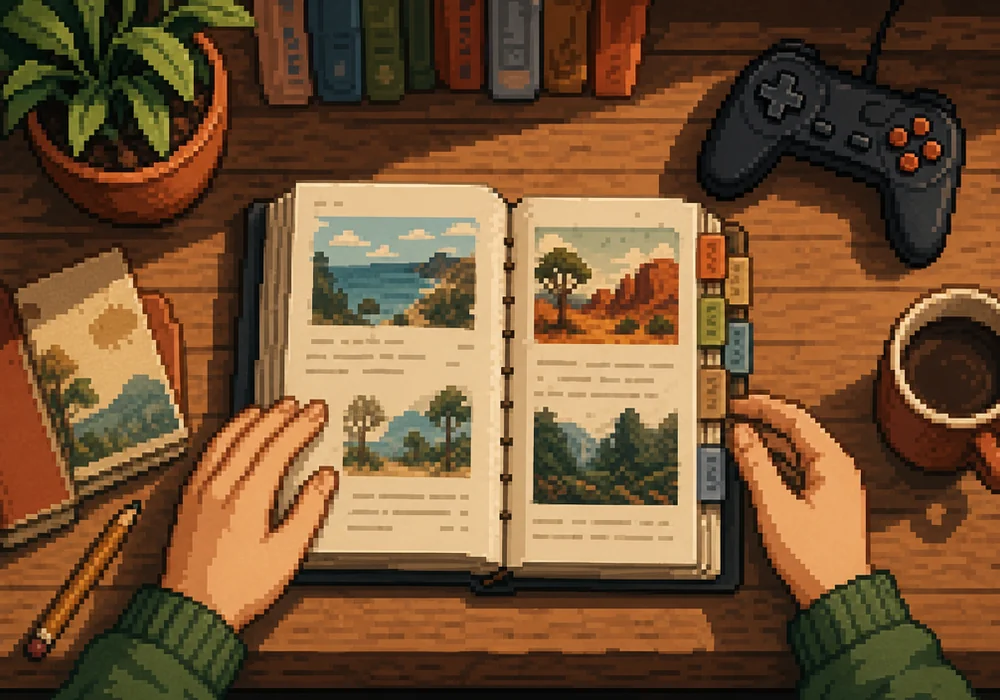 Layered journal with page tabs representing repeated runs and narrative return
