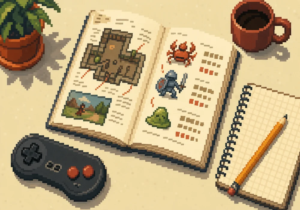 Marked-up game manual, pencil and notebook on a cream desk