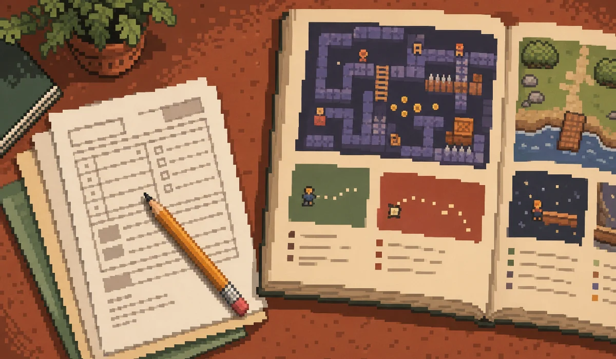 Paper forms and a pencil beside an abstract game interface study