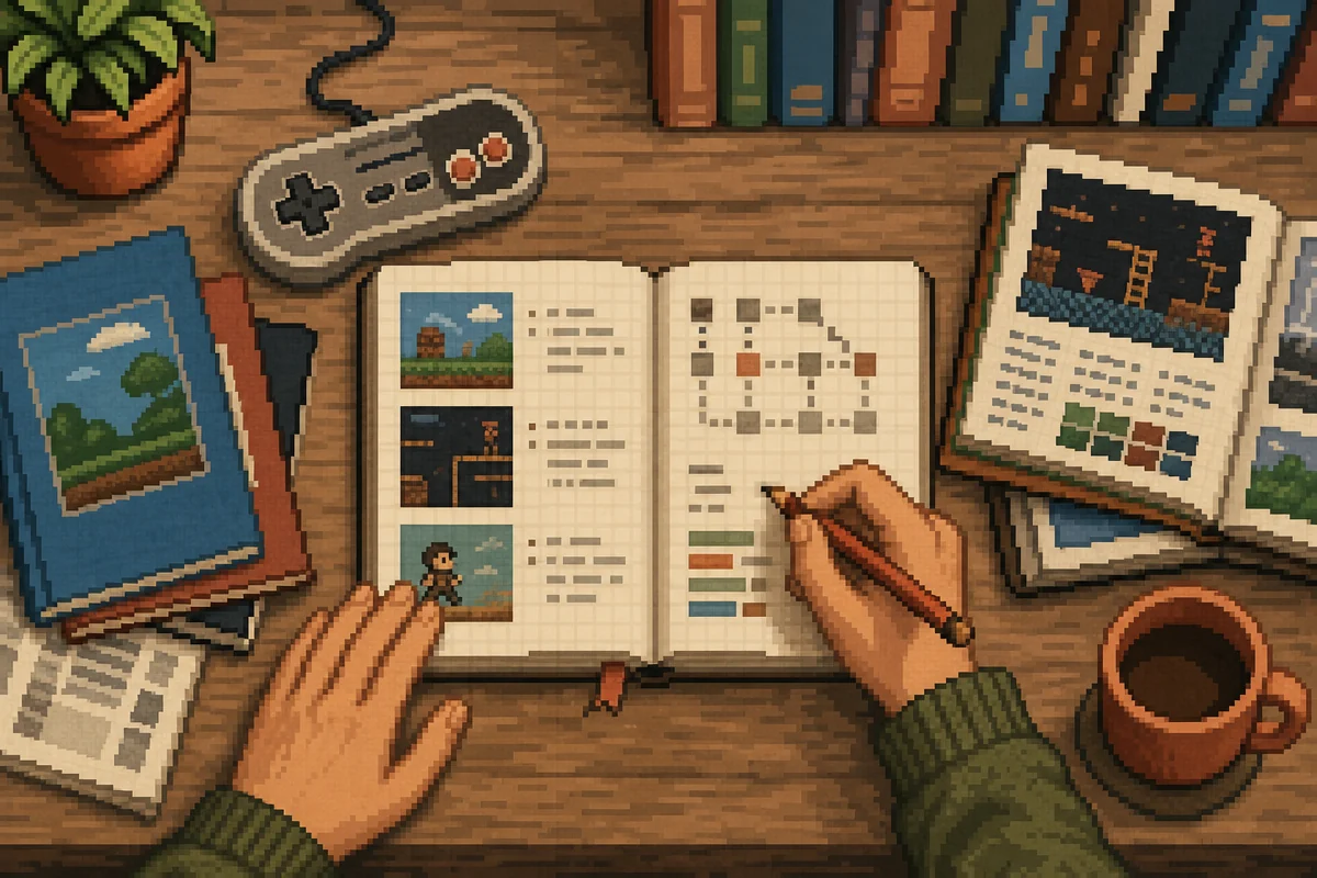 Game history notes arranged beside printed manuals